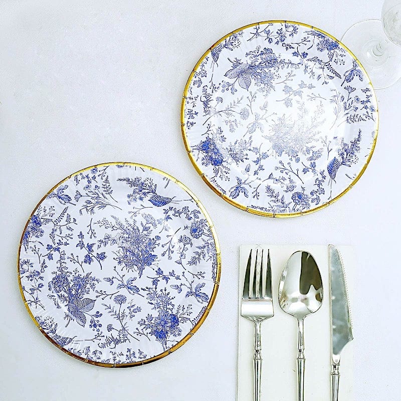 25 Blue Floral Round Paper Plates with Gold Rim - Disposable Tableware