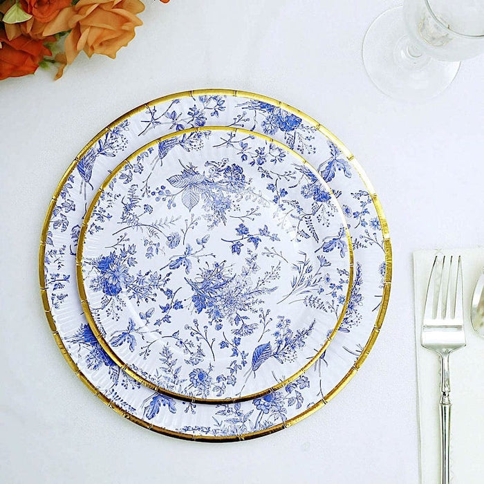 25 Blue Floral Round Paper Plates with Gold Rim - Disposable Tableware