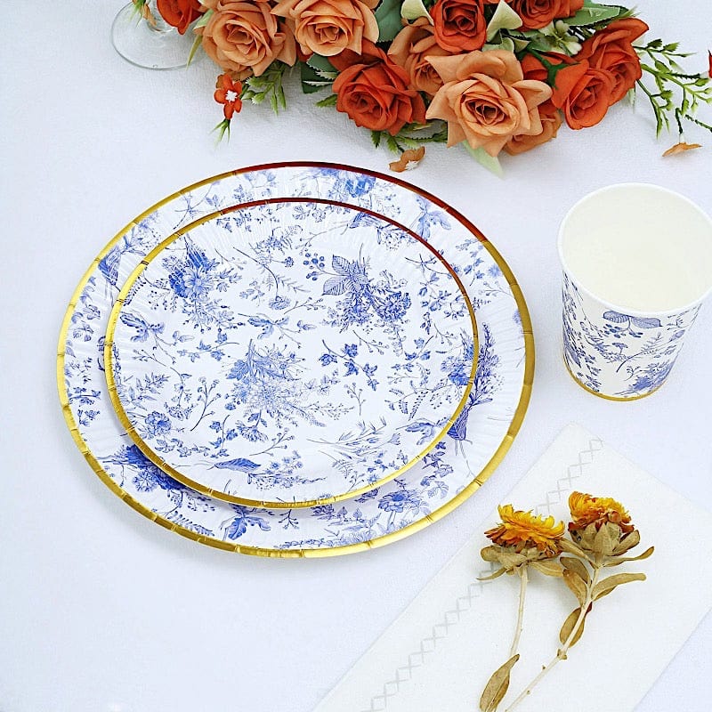 25 Blue Floral Round Paper Plates with Gold Rim - Disposable Tableware