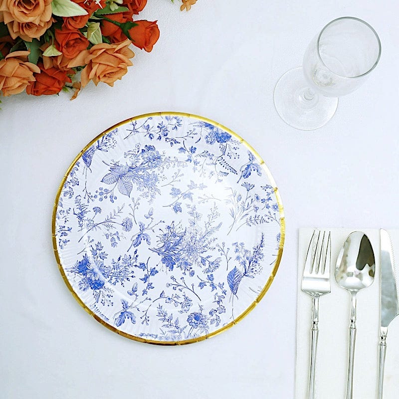 25 Blue Floral Round Paper Plates with Gold Rim - Disposable Tableware