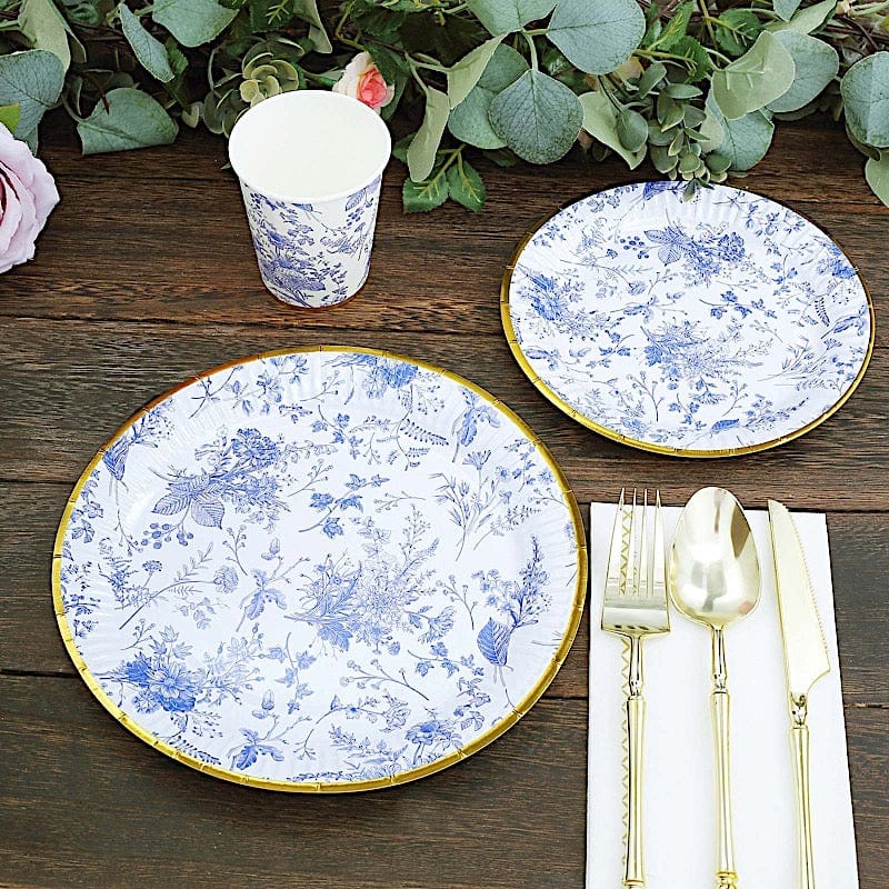 25 Blue Floral Round Paper Plates with Gold Rim - Disposable Tableware