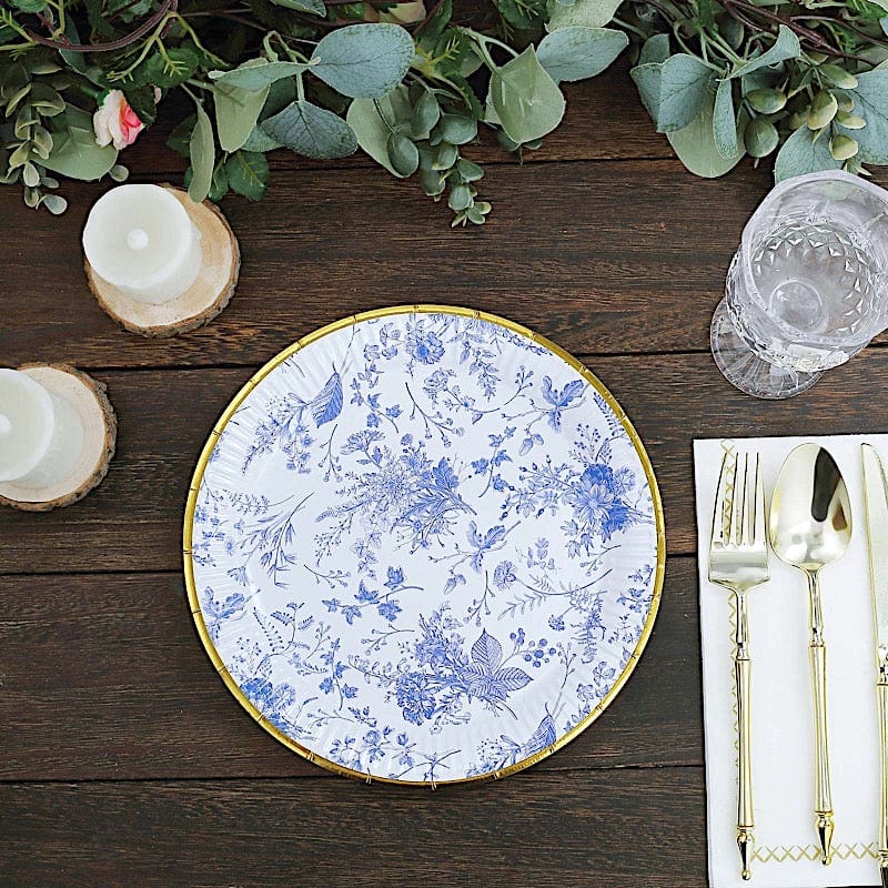 25 Blue Floral Round Paper Plates with Gold Rim - Disposable Tableware