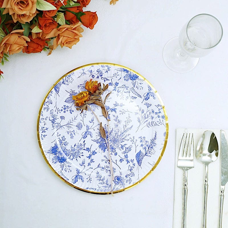 25 Blue Floral Round Paper Plates with Gold Rim - Disposable Tableware