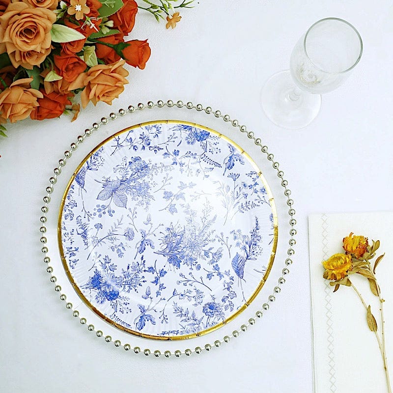 25 Blue Floral Round Paper Plates with Gold Rim - Disposable Tableware