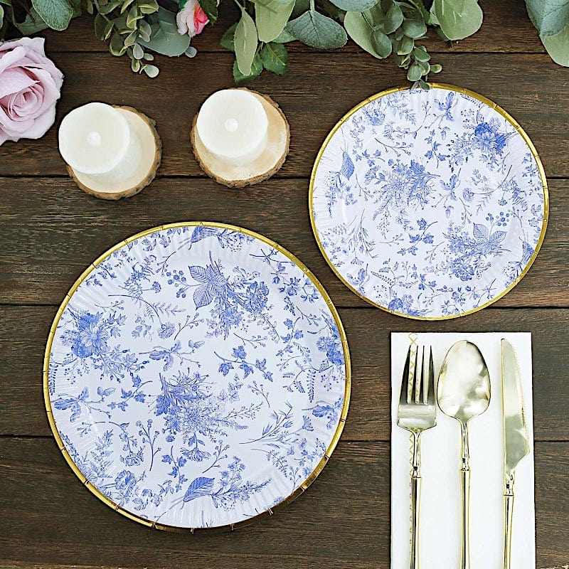 25 Blue Floral Round Paper Plates with Gold Rim - Disposable Tableware