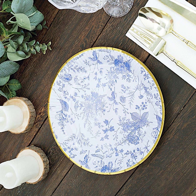 25 Blue Floral Round Paper Plates with Gold Rim - Disposable Tableware