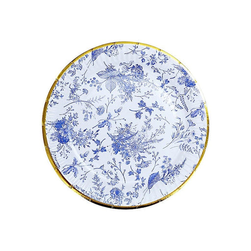 25 Blue Floral Round Paper Plates with Gold Rim - Disposable Tableware DSP_PPR0036_7_BLUE