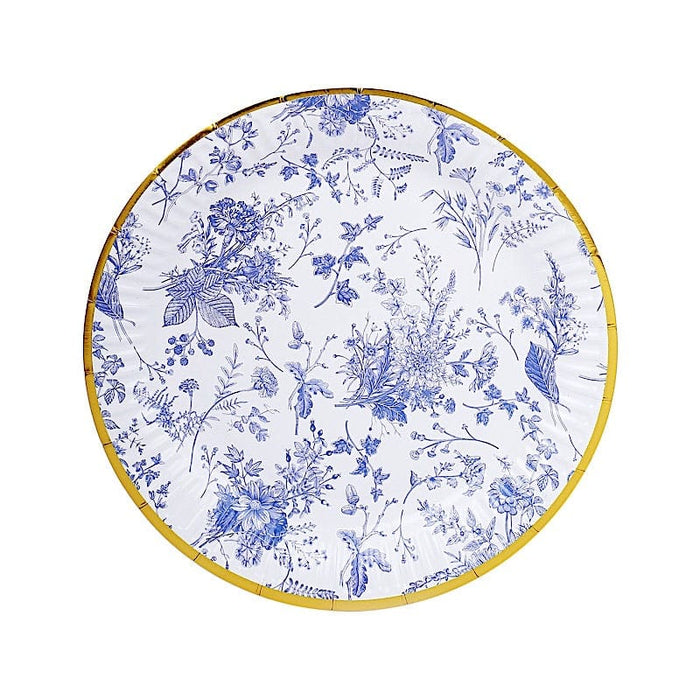 25 Blue Floral Round Paper Plates with Gold Rim - Disposable Tableware DSP_PPR0036_9_BLUE