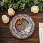 25 Brown 8" Wood Print Paper Dessert Plates with Floral Lace Rim - Disposable Tableware DSP_PPR0021_8_WHTBN