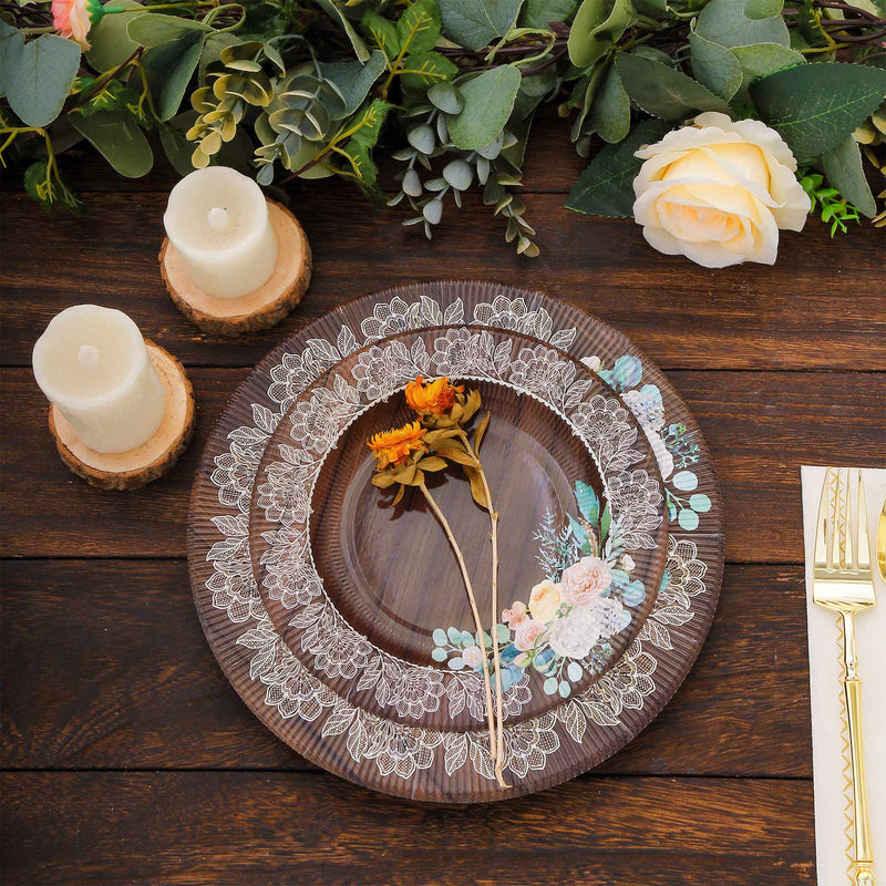 25 Brown 8" Wood Print Paper Dessert Plates with Floral Lace Rim - Disposable Tableware DSP_PPR0021_8_WHTBN