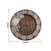 25 Brown 8" Wood Print Paper Dessert Plates with Floral Lace Rim - Disposable Tableware DSP_PPR0021_8_WHTBN