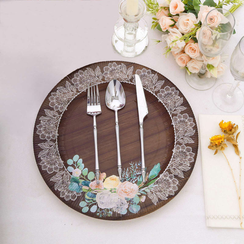 25 Brown 8" Wood Print Paper Dessert Plates with Floral Lace Rim - Disposable Tableware DSP_PPR0021_8_WHTBN