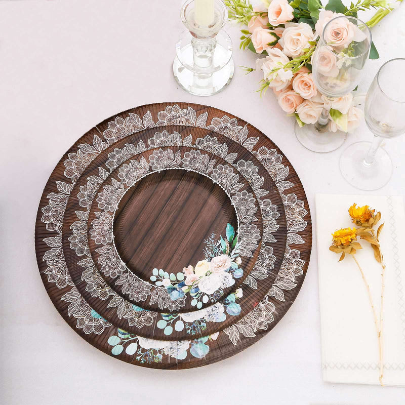 25 Brown 8" Wood Print Paper Dessert Plates with Floral Lace Rim - Disposable Tableware DSP_PPR0021_8_WHTBN