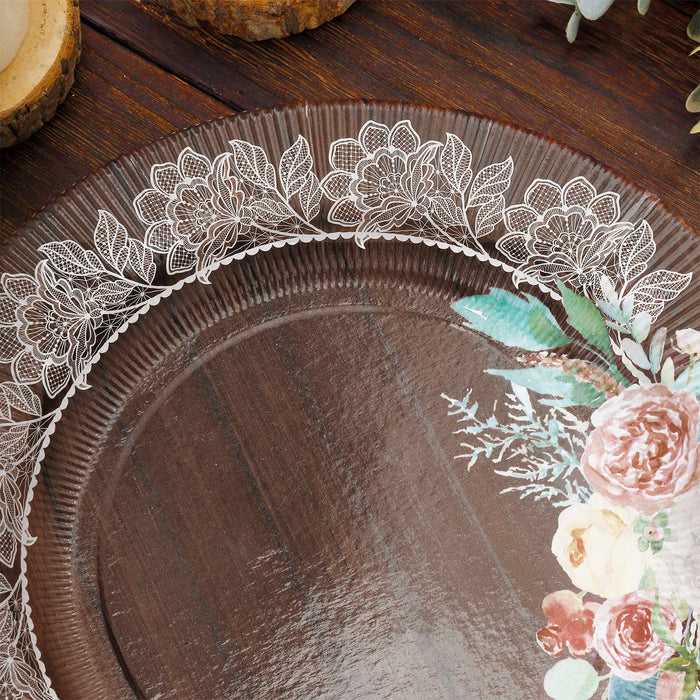 25 Brown 8" Wood Print Paper Dessert Plates with Floral Lace Rim - Disposable Tableware DSP_PPR0021_8_WHTBN