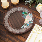 25 Brown 8" Wood Print Paper Dessert Plates with Floral Lace Rim - Disposable Tableware DSP_PPR0021_8_WHTBN