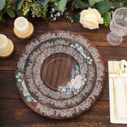 25 Brown 8" Wood Print Paper Dessert Plates with Floral Lace Rim - Disposable Tableware DSP_PPR0021_8_WHTBN