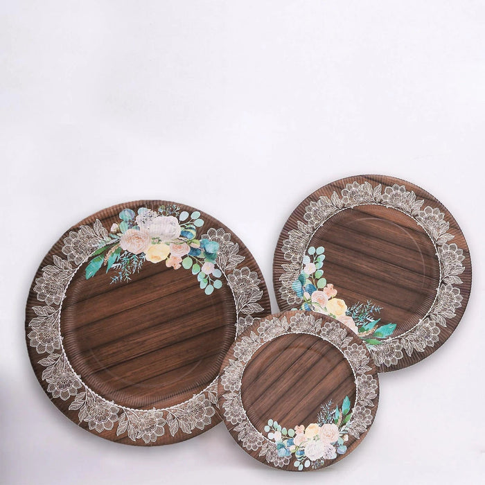 25 Brown 8" Wood Print Paper Dessert Plates with Floral Lace Rim - Disposable Tableware DSP_PPR0021_8_WHTBN