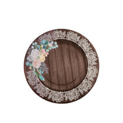 25 Brown 8" Wood Print Paper Dessert Plates with Floral Lace Rim - Disposable Tableware DSP_PPR0021_8_WHTBN