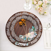 25 Brown 8" Wood Print Paper Dessert Plates with Floral Lace Rim - Disposable Tableware DSP_PPR0021_8_WHTBN