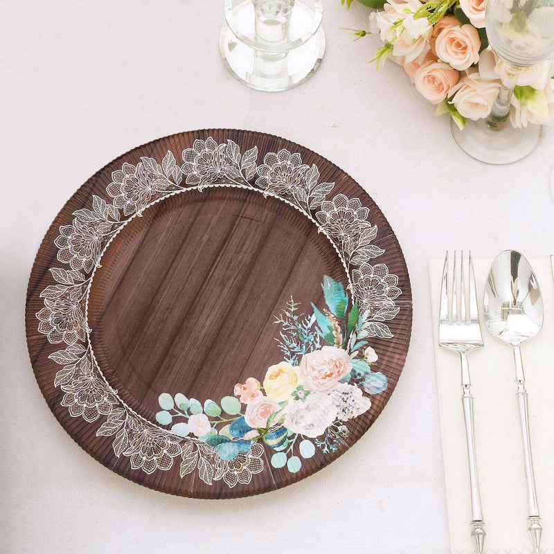 25 Brown 8" Wood Print Paper Dessert Plates with Floral Lace Rim - Disposable Tableware DSP_PPR0021_8_WHTBN