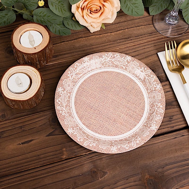 25 Burlap Print Paper Dessert Plates with Floral Lace Rim