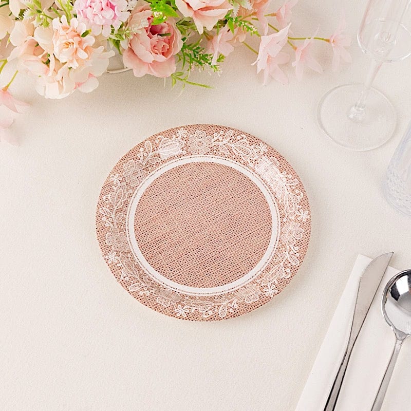 25 Burlap Print Paper Dessert Plates with Floral Lace Rim