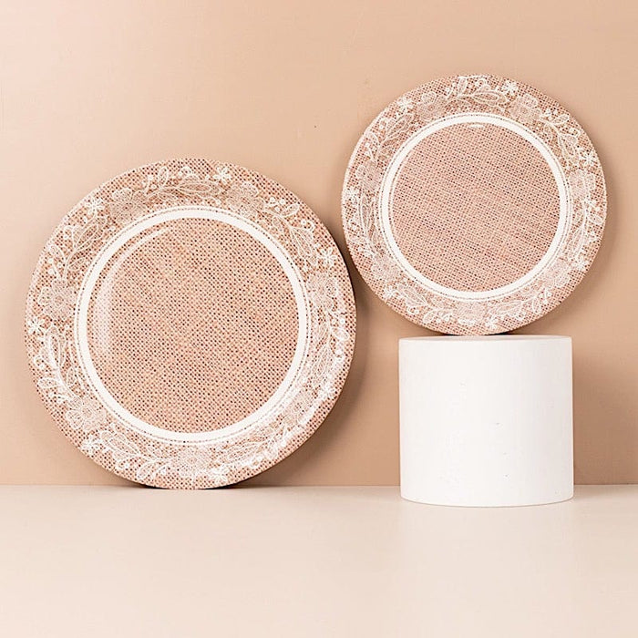 25 Burlap Print Paper Dessert Plates with Floral Lace Rim