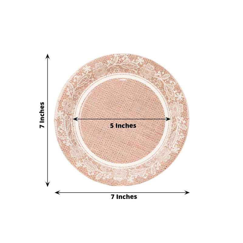 25 Burlap Print Paper Dessert Plates with Floral Lace Rim