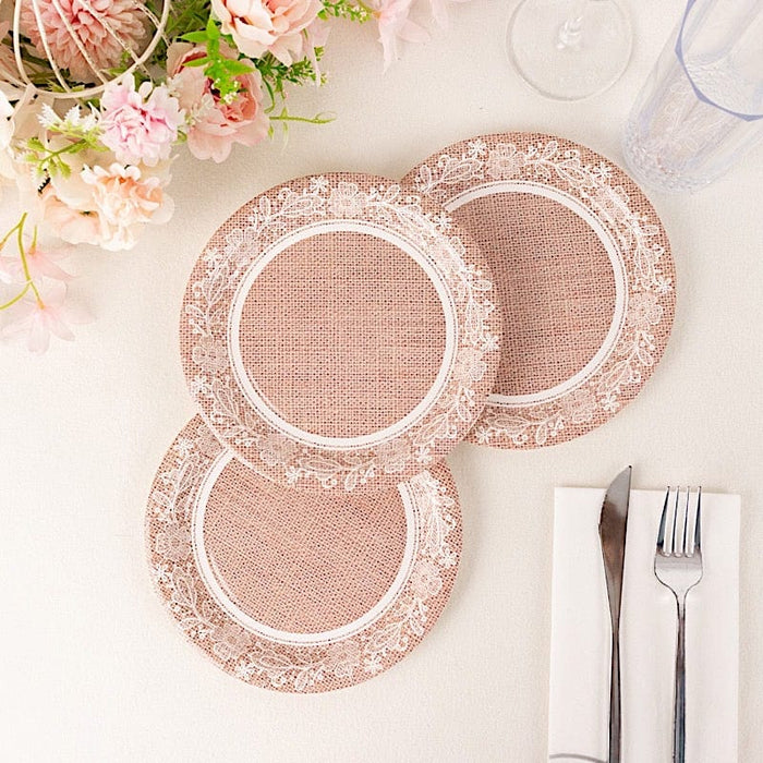 25 Burlap Print Paper Dessert Plates with Floral Lace Rim