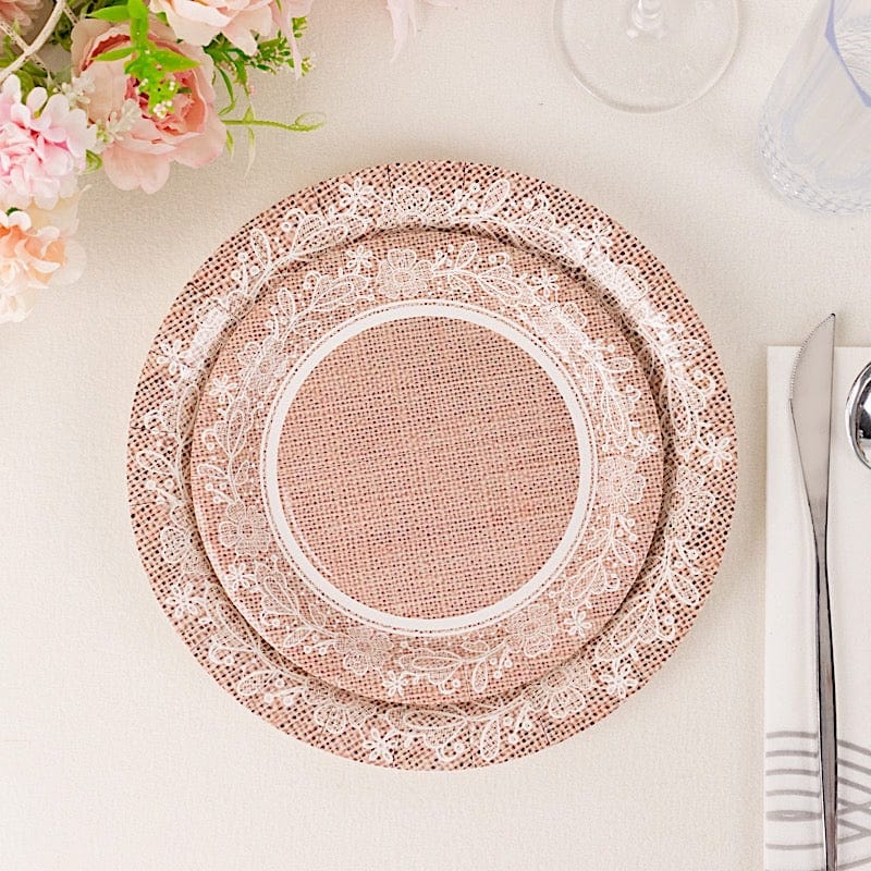 25 Burlap Print Paper Dessert Plates with Floral Lace Rim