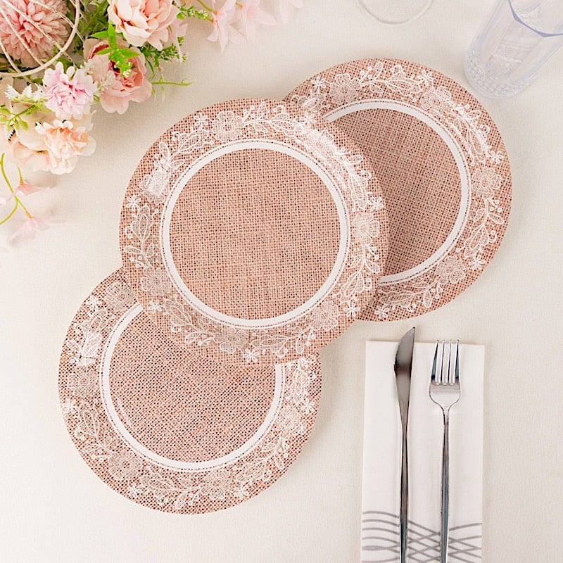 25 Burlap Print Paper Dessert Plates with Floral Lace Rim