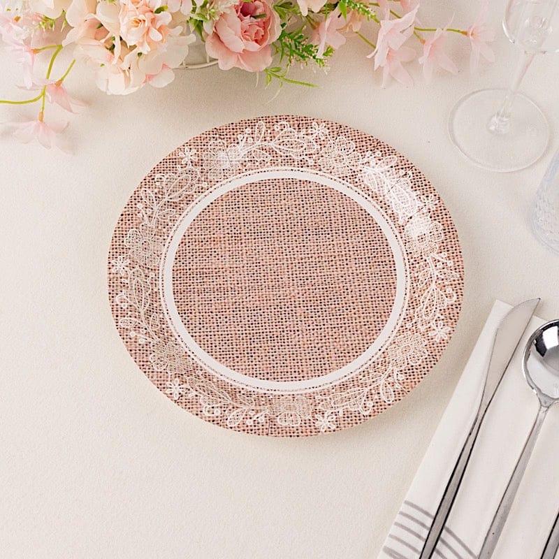 25 Burlap Print Paper Dessert Plates with Floral Lace Rim