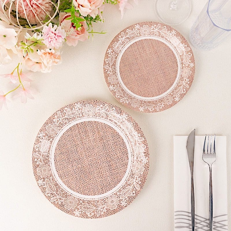 25 Burlap Print Paper Dessert Plates with Floral Lace Rim