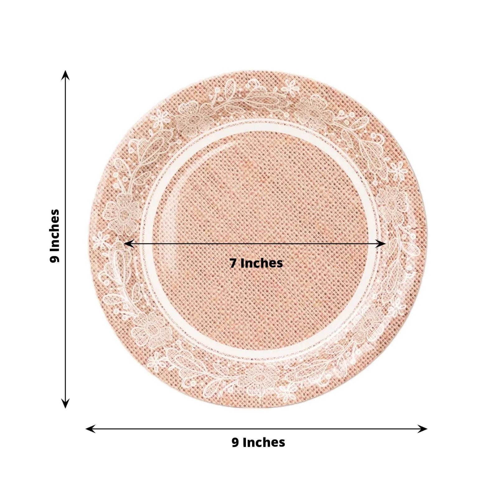 25 Burlap Print Paper Dessert Plates with Floral Lace Rim