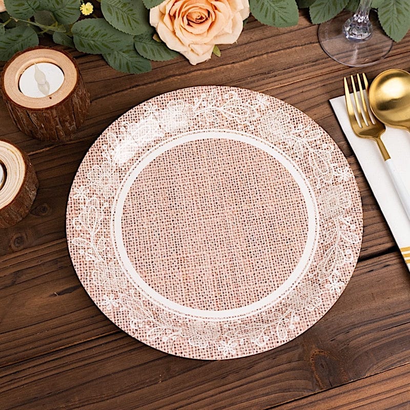 25 Burlap Print Paper Dessert Plates with Floral Lace Rim