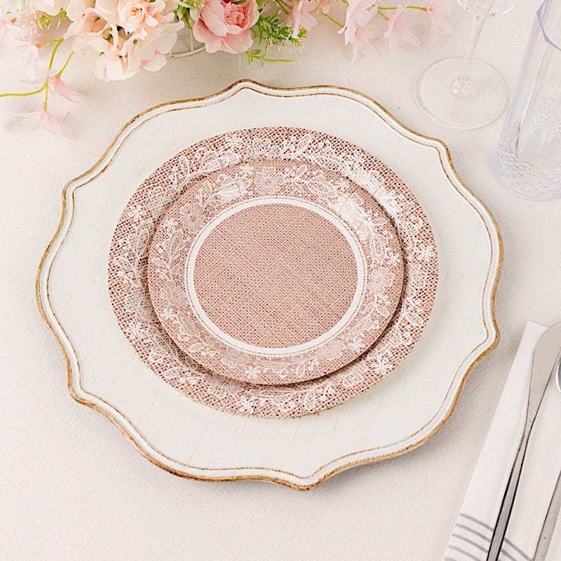 25 Burlap Print Paper Dessert Plates with Floral Lace Rim