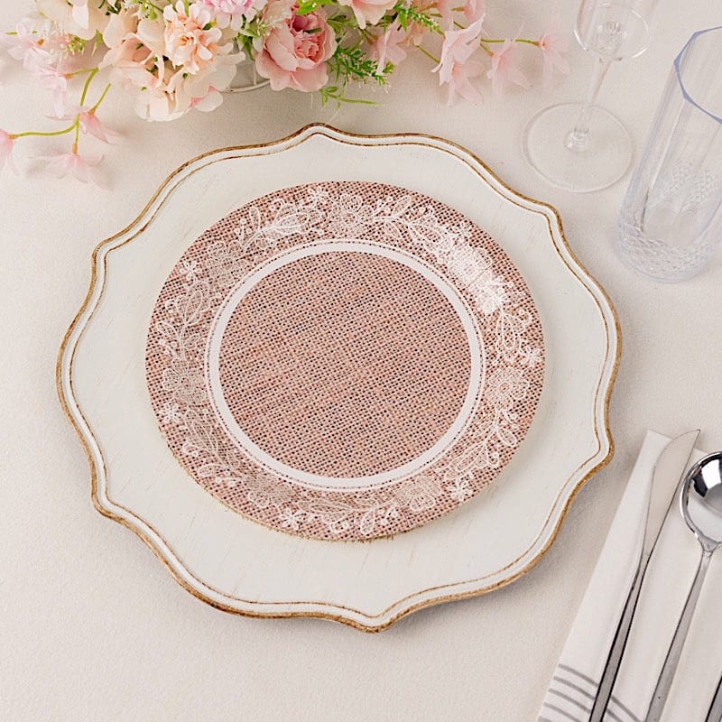 25 Burlap Print Paper Dessert Plates with Floral Lace Rim