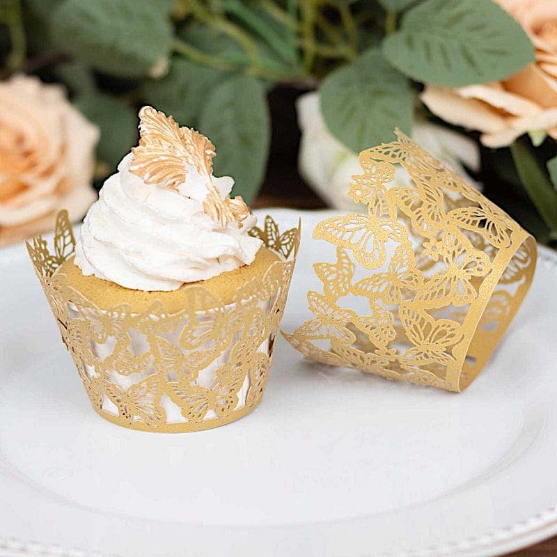 25 Butterfly Lace Pattern Paper Cupcake Liners - Gold CAKE_WRAP_PAP07_GOLD