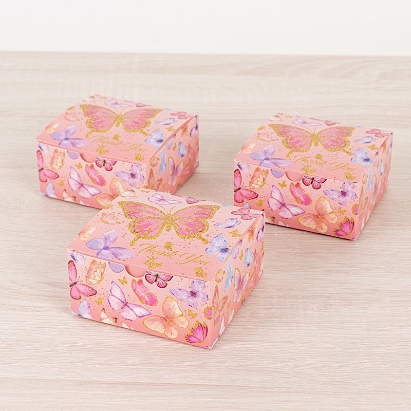 25 Butterfly Themed Party Favor Boxes with "Thank You" Print - Pink BOX_4X4X2_BUT01_PINK