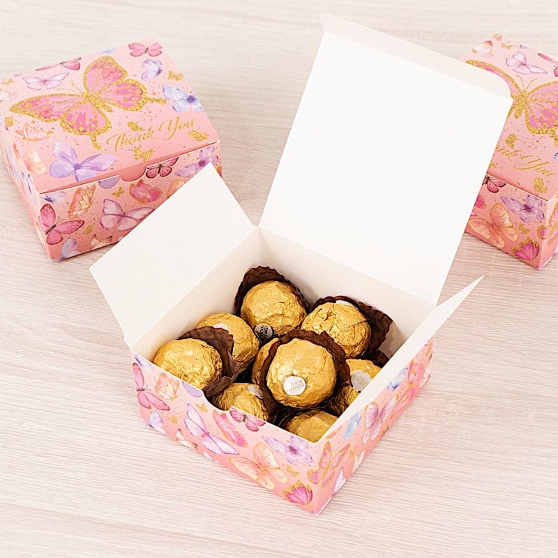 25 Butterfly Themed Party Favor Boxes with "Thank You" Print - Pink BOX_4X4X2_BUT01_PINK