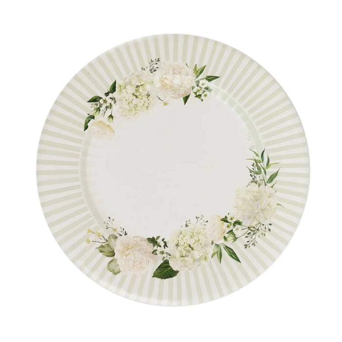 25 Dinner Paper Plates with Floral Lined Rim - White Sage Green DSP_PPR0029_10_SAGE