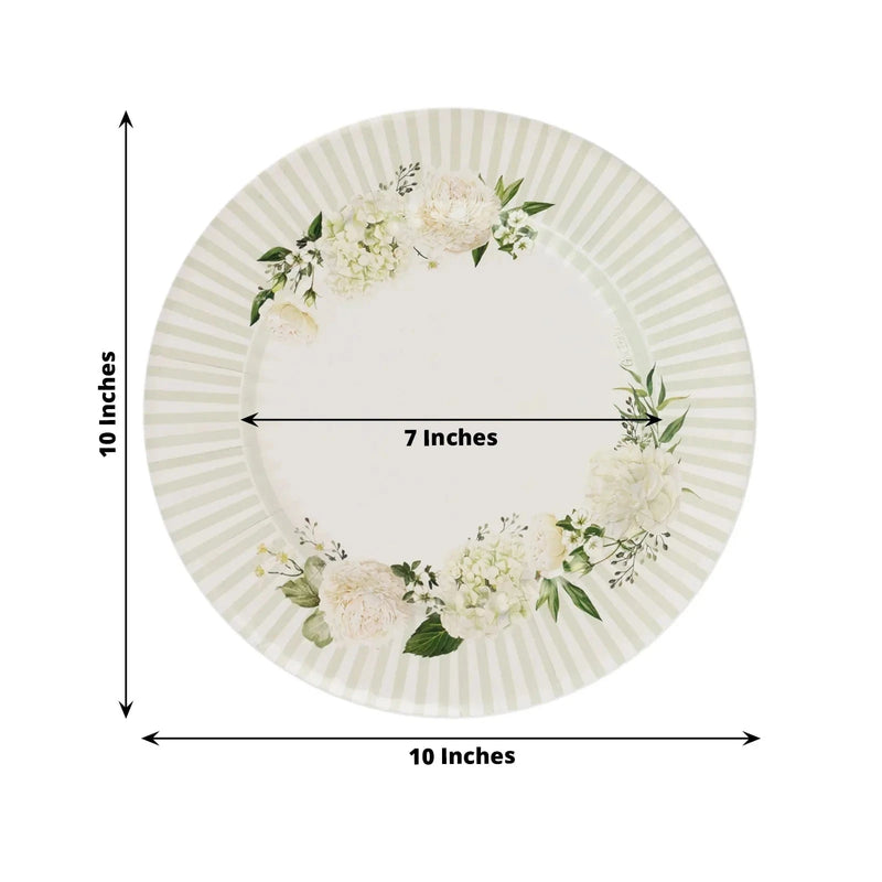 25 Dinner Paper Plates with Floral Lined Rim - White Sage Green DSP_PPR0029_10_SAGE