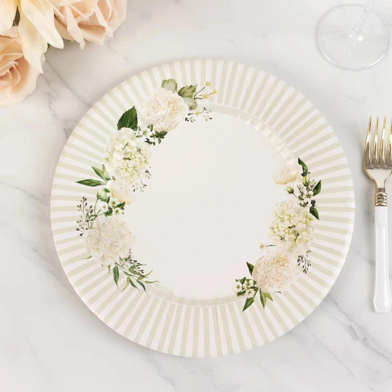 25 Dinner Paper Plates with Floral Lined Rim - White Sage Green DSP_PPR0029_10_SAGE