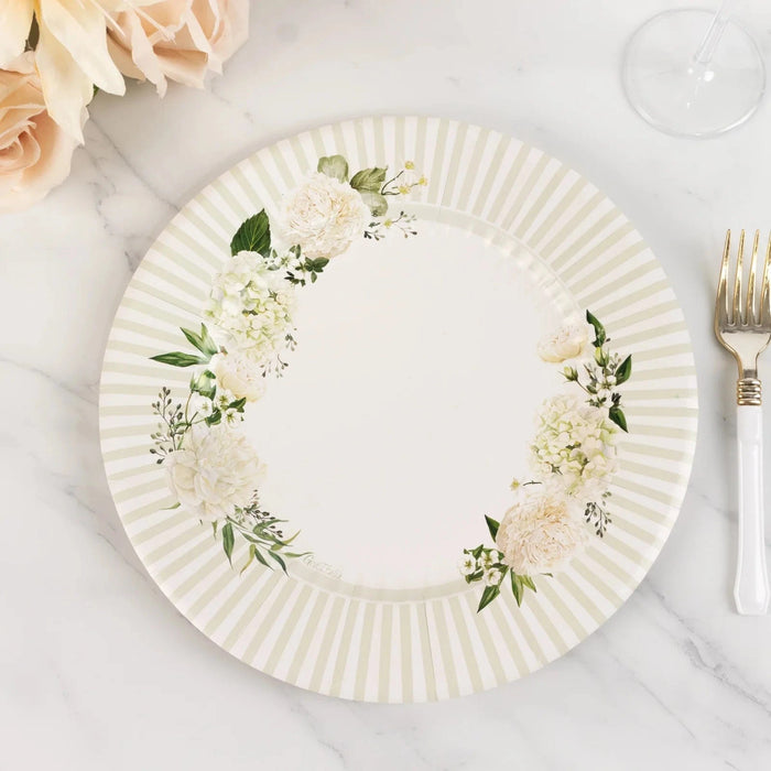 25 Dinner Paper Plates with Floral Lined Rim - White Sage Green DSP_PPR0029_10_SAGE