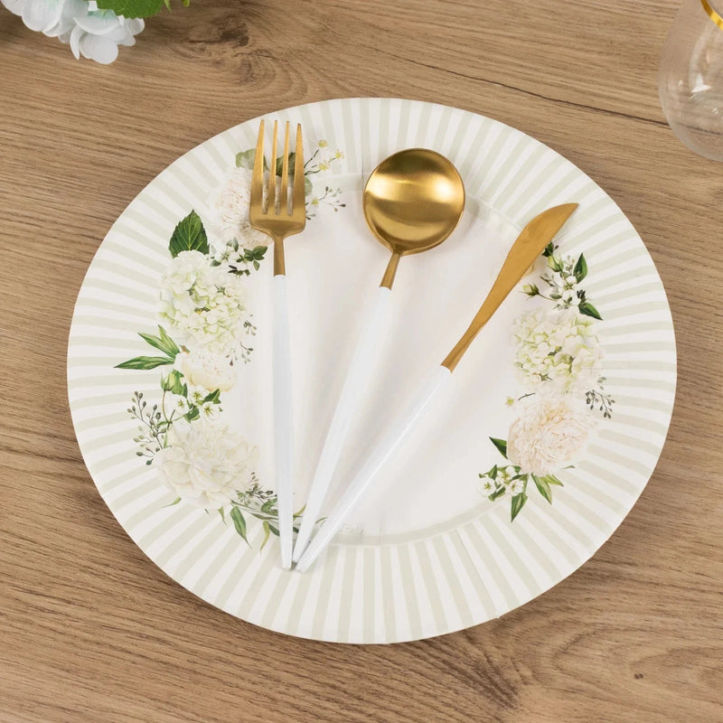 25 Dinner Paper Plates with Floral Lined Rim - White Sage Green DSP_PPR0029_10_SAGE