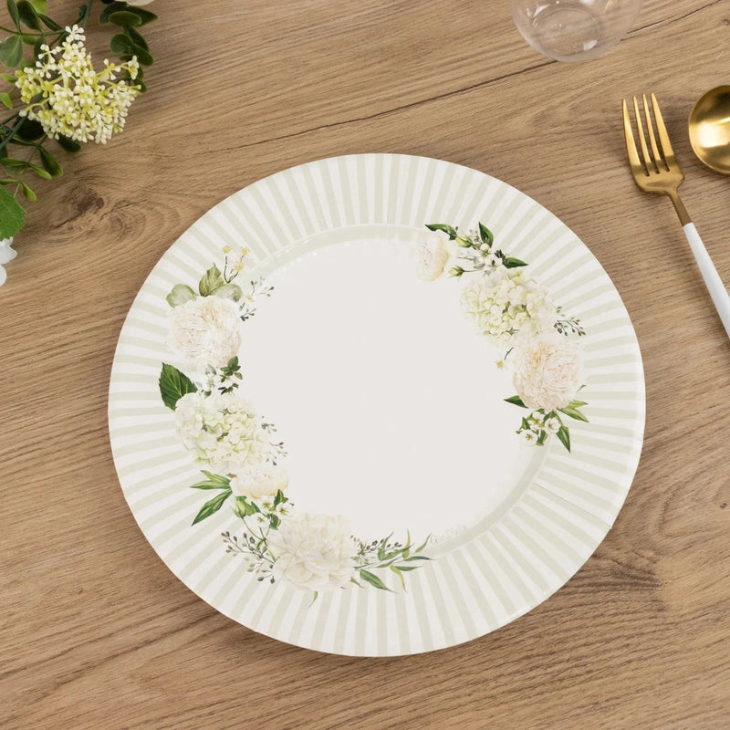 25 Dinner Paper Plates with Floral Lined Rim - White Sage Green DSP_PPR0029_10_SAGE