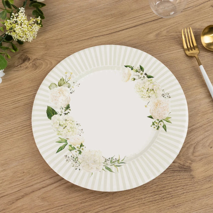 25 Dinner Paper Plates with Floral Lined Rim - White Sage Green DSP_PPR0029_10_SAGE