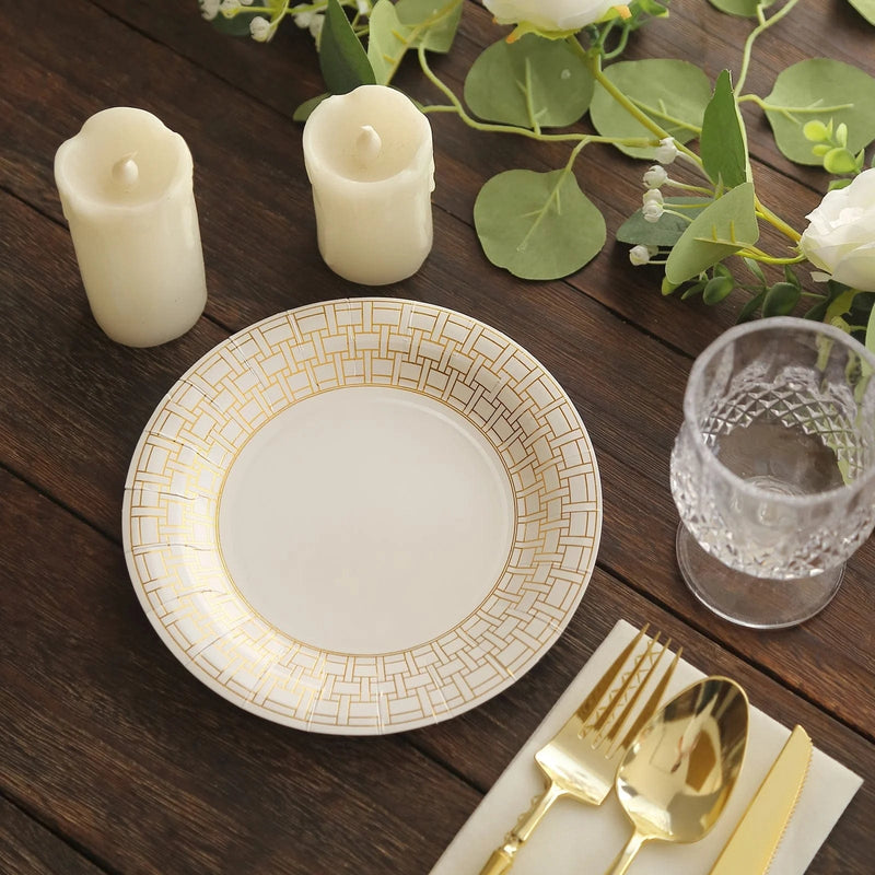 25 Dinner Paper Plates with Gold Basketweave Pattern Rim