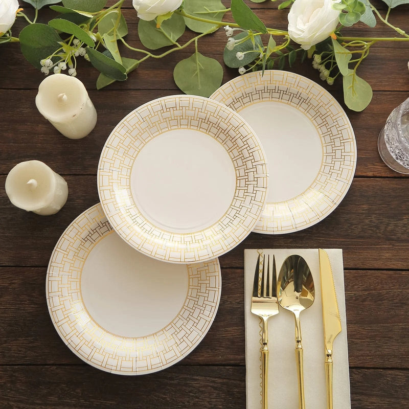 25 Dinner Paper Plates with Gold Basketweave Pattern Rim