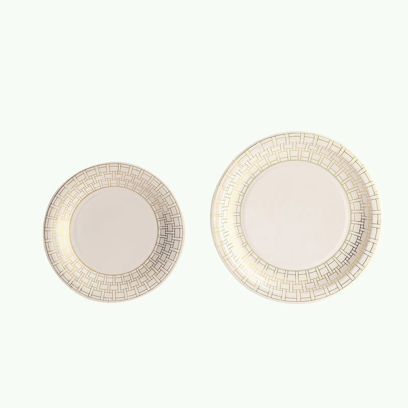 25 Dinner Paper Plates with Gold Basketweave Pattern Rim